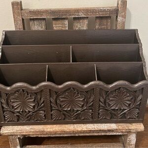 Vintage 1970s Lerner Faux Carved Wood Desk Organizer Mail Letter Holder Sorter